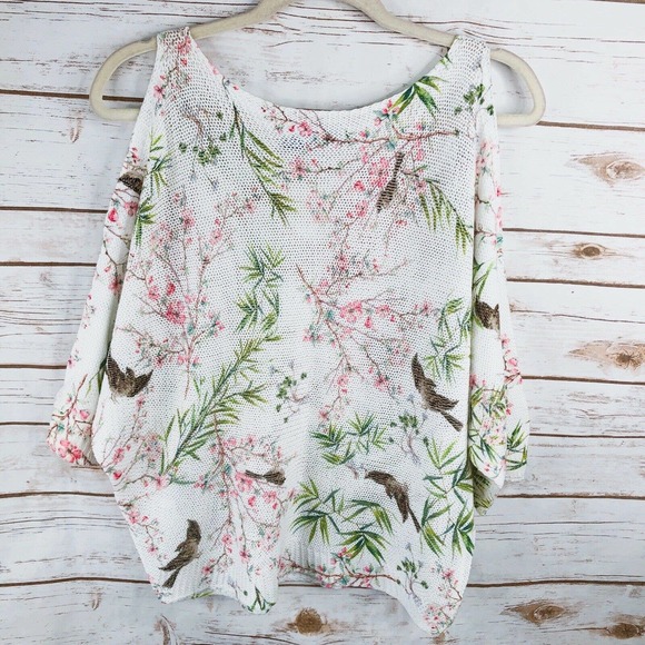 Collezioni Leonardo Italy Top Size S Floral Birds Cold Shoulder Open Knit 103 - Picture 6 of 8